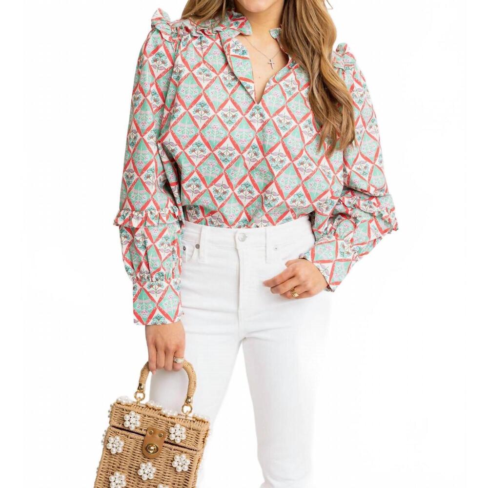 NEW KARLIE paris floral v-neck ruffle top in green